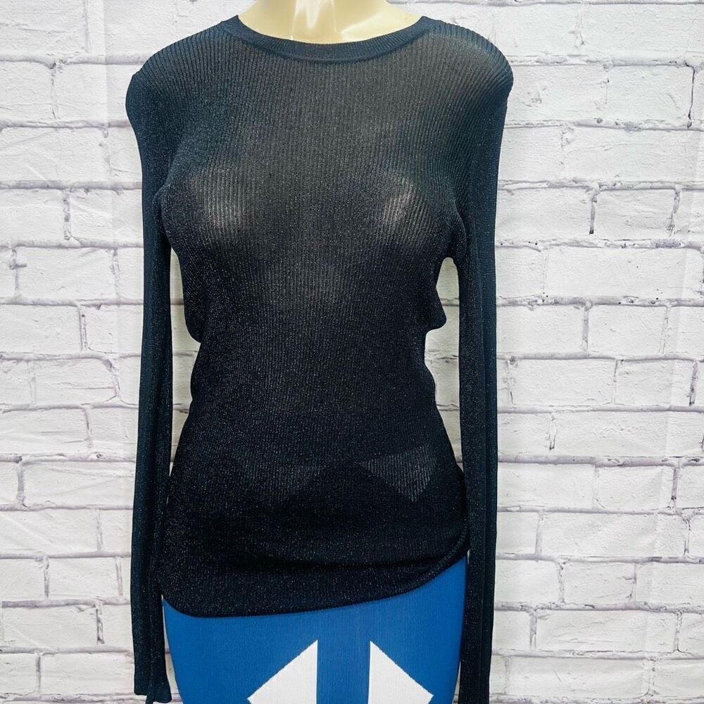 Vince Womens Black Fitted Sheer Metallic Mesh Long Sleeve Blouse Size Large